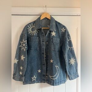 Embroidered Celestial Denim Jacket - Blue with White Stars & Moon